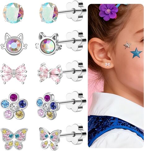 Hypoallergenic Flat Back Earrings for Women Surgical Steel Screw Back Earring for Sensitive Ears 14k Real Gold Plated Catrilage CZ Bow Butterfly Flower Earrings Studs in Saudi Arabia