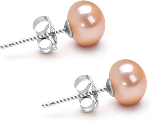 AA Grade 6-10mm Pink Freshwater Cultured Pearl Stud Earrings, Sterling Silver Earring Studs, Natural Color Near Round, Gift Box and Certificate in Saudi Arabia