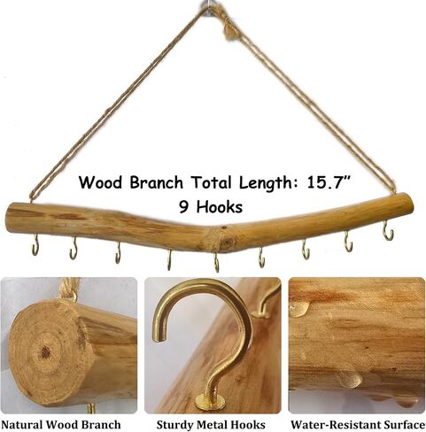 15.7-Inch Rustic Wood Wall Hanging Jewelry Organizer (Small Branch with 9 Metal Hooks) in Saudi Arabia