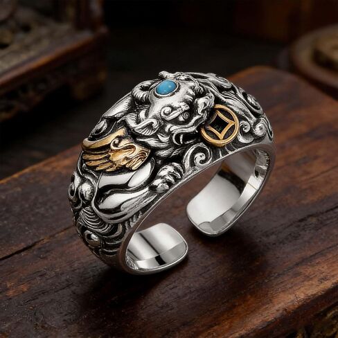 HETICA Feng Shui Pixiu Adjustable Open Ring for Men Women | Copper Coin, Luck Beliefs, Wealth Jewelry in Saudi Arabia