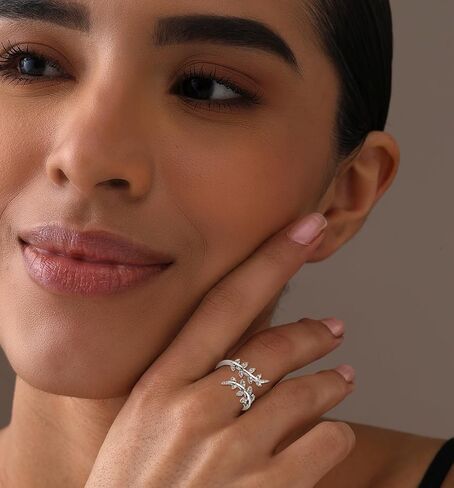 Adjustable Rings for Women | Rhodium-Plated Cubic Zirconia Nature Inspired Wrap Ring | CZ Studded Branch Stackable Ring Women's Jewelry in Saudi Arabia