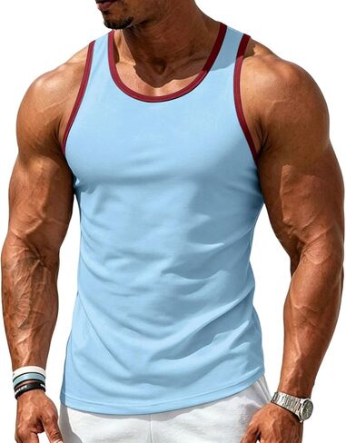 Men's Muscle Tank Top Slim Fit Contrast Trim Sleeveless Gym Workout Shirt Athletic Tee in Kuwait
