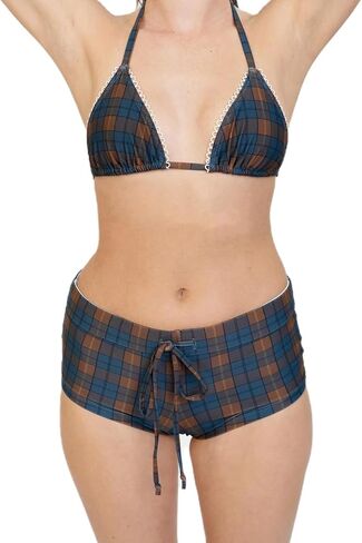 Mxiqqpltky Womens Bikini Sets Y2K Halter String Bikini Top Low Rise Swim Shorts Plaid Print Swimsuits Two Piece Bathing Suit in Saudi Arabia