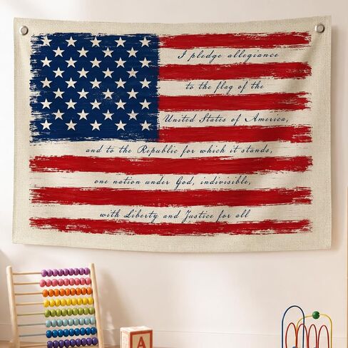 Vintage American Flag Wall Decor for Classroom, Rustic Patriotic American Pledge Canvas Banner Wall Hanging Banner Flag Decor for Homeschool Nursery Living Room Home, Fourth of July Decor in Saudi Arabia