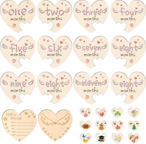Heart-Shaped Wooden Baby Milestone Cards - 13 Pcs Double-Sided 1-12 Months Photo Props with Baby Announcement Plaque for Name, Weight & Gender in Saudi Arabia