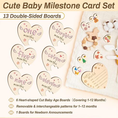 Heart-Shaped Wooden Baby Milestone Cards - 13 Pcs Double-Sided 1-12 Months Photo Props with Baby Announcement Plaque for Name, Weight & Gender in Saudi Arabia