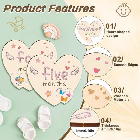Heart-Shaped Wooden Baby Milestone Cards - 13 Pcs Double-Sided 1-12 Months Photo Props with Baby Announcement Plaque for Name, Weight & Gender in Saudi Arabia