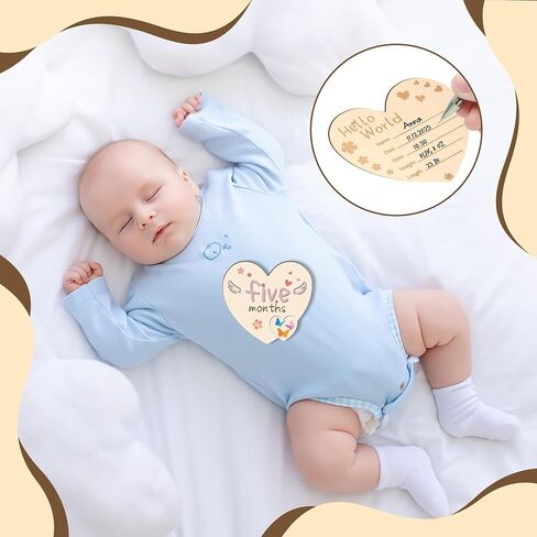 Heart-Shaped Wooden Baby Milestone Cards - 13 Pcs Double-Sided 1-12 Months Photo Props with Baby Announcement Plaque for Name, Weight & Gender in Saudi Arabia