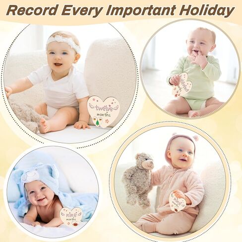 Heart-Shaped Wooden Baby Milestone Cards - 13 Pcs Double-Sided 1-12 Months Photo Props with Baby Announcement Plaque for Name, Weight & Gender in Saudi Arabia
