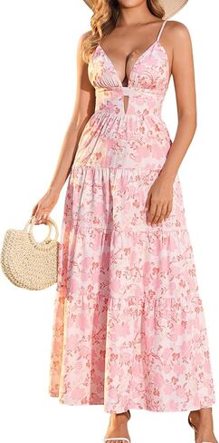 GLNEGE Summer Floral Wedding Guest Maxi Dress Spaghetti Straps V Neck Flowy Beach Dresses Cutout Vacation Sundress for Women in Saudi Arabia