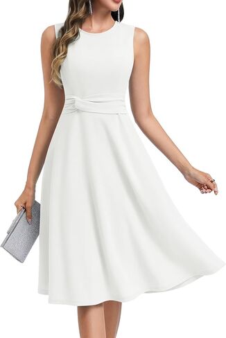 Dressystar Women's Summer A Line Wedding Guest Dress Sleeveless Ruched Waist Midi Cocktail Party Dresses with Pockets in Saudi Arabia