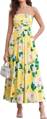 HTZMO Floral Tube Maxi Sundress Women Summer Wedding Guest Flowy Long Dress with Pockets Removable Strap or Strapless in Saudi Arabia