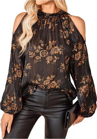 SOLY HUX Women's Floral Mesh Blouse Cold Shoulder Mock Neck Bishop Long Sleeve Tops Black and Gold Floral Large in Kuwait