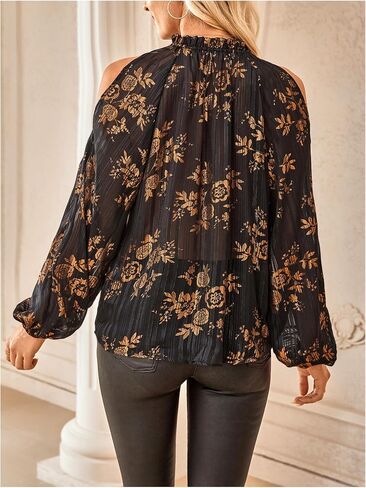 SOLY HUX Women's Floral Mesh Blouse Cold Shoulder Mock Neck Bishop Long Sleeve Tops Black and Gold Floral Large in Kuwait