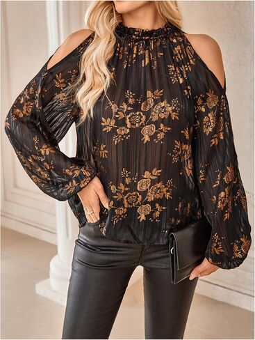 SOLY HUX Women's Floral Mesh Blouse Cold Shoulder Mock Neck Bishop Long Sleeve Tops Black and Gold Floral Large in Kuwait