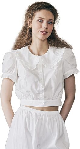 100% Cotton Peter Pan Collar Crop Tops for Women Renaissance Puff Short Sleeve Button Down Blouse in Saudi Arabia