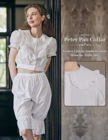 100% Cotton Peter Pan Collar Crop Tops for Women Renaissance Puff Short Sleeve Button Down Blouse in Saudi Arabia