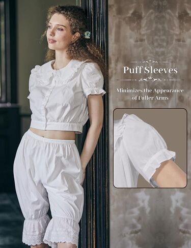 100% Cotton Peter Pan Collar Crop Tops for Women Renaissance Puff Short Sleeve Button Down Blouse in Saudi Arabia