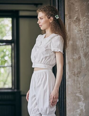100% Cotton Peter Pan Collar Crop Tops for Women Renaissance Puff Short Sleeve Button Down Blouse in Saudi Arabia