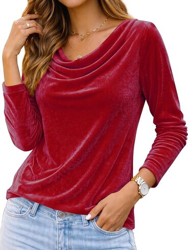 Women's 2026 Velvet Cowl Neck Long Sleeve Blouse Elegant Dressy Top for Christmas Holiday Party Casual Outfits in Kuwait