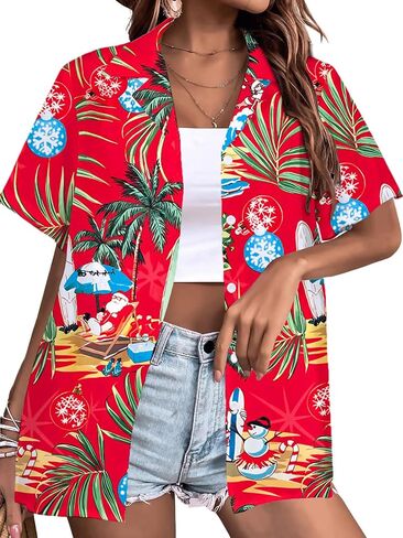 QAUN Christmas Shirt Women: Christmas Graphic T Shirt Hawaiian Tees Vintage Beach Button Down Tops in Kuwait