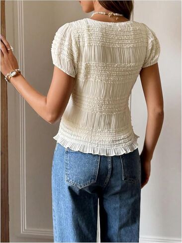 OYOANGLE Women's Textured Short Puff Sleeve Blouse Frill Trim Crew Neck Fitted Cute Babydoll Tops in Saudi Arabia