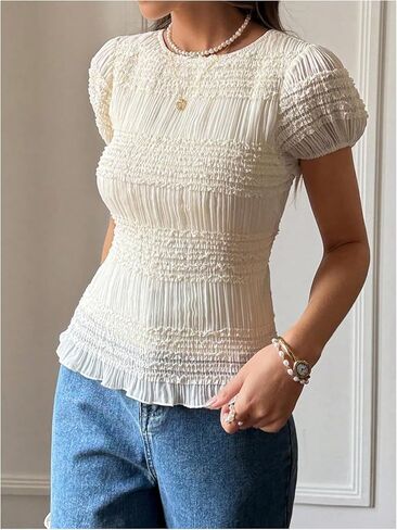 OYOANGLE Women's Textured Short Puff Sleeve Blouse Frill Trim Crew Neck Fitted Cute Babydoll Tops in Saudi Arabia