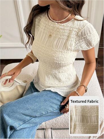 OYOANGLE Women's Textured Short Puff Sleeve Blouse Frill Trim Crew Neck Fitted Cute Babydoll Tops in Saudi Arabia