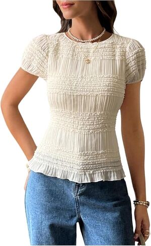 OYOANGLE Women's Textured Short Puff Sleeve Blouse Frill Trim Crew Neck Fitted Cute Babydoll Tops in Saudi Arabia