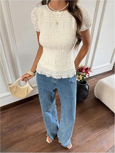 OYOANGLE Women's Textured Short Puff Sleeve Blouse Frill Trim Crew Neck Fitted Cute Babydoll Tops in Saudi Arabia