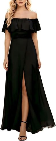 Women's Formal Bridesmaid Dress Chiffon Off Shoulder Long Flowy Elegant Maxi Wedding Guest Dresses with Slit in Saudi Arabia