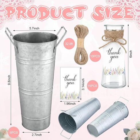 Patelai 32 Pcs Flower Bar Buckets Kit Bloom Bar Supplies Include 10" Galvanized Bucket Glass Floral Vase with Thank You Tags Ropes DIY Bloom Bars Kit for Bridal Shower Wedding Birthday Party Favors in Kuwait
