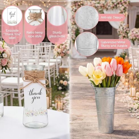 Patelai 32 Pcs Flower Bar Buckets Kit Bloom Bar Supplies Include 10" Galvanized Bucket Glass Floral Vase with Thank You Tags Ropes DIY Bloom Bars Kit for Bridal Shower Wedding Birthday Party Favors in Kuwait