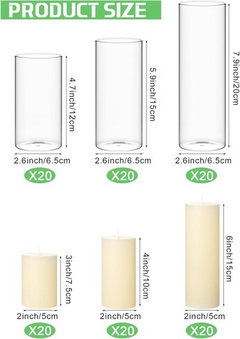 Shihanee 120 Pcs Pillar Candles and Glass Cylinder Vases Clear Cylinder Holders for Slim Pillar Candles Table Decoration (Ivory White) in Kuwait
