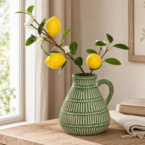 Green Clay Vase Decor with Faux Lemon Branch, 5.5 Inch | rustic farmhouse, boho, cottage, shelf, coffee table, kitchen, and small space styling,ready to display in Saudi Arabia