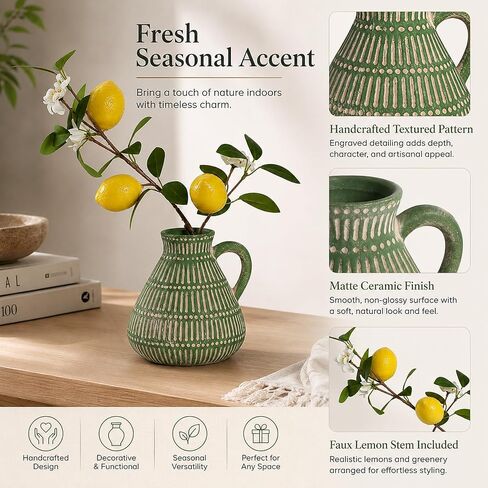 Green Clay Vase Decor with Faux Lemon Branch, 5.5 Inch | rustic farmhouse, boho, cottage, shelf, coffee table, kitchen, and small space styling,ready to display in Saudi Arabia