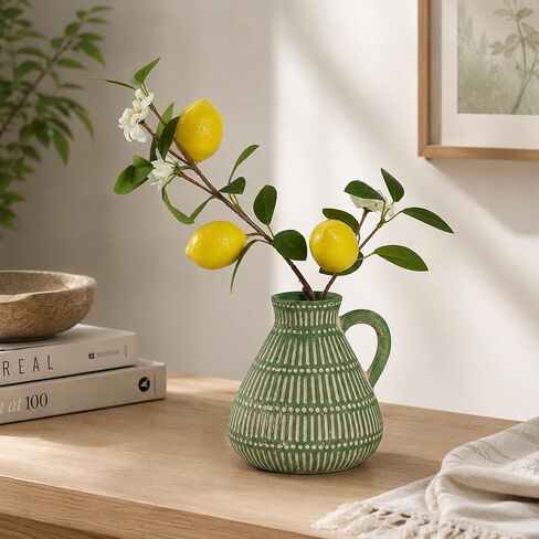Green Clay Vase Decor with Faux Lemon Branch, 5.5 Inch | rustic farmhouse, boho, cottage, shelf, coffee table, kitchen, and small space styling,ready to display in Saudi Arabia
