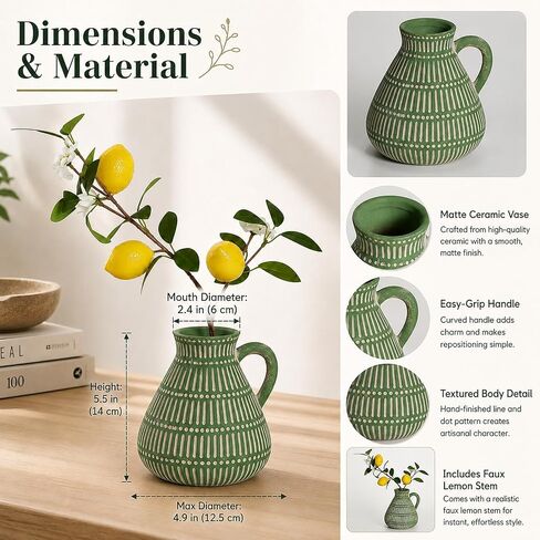 Green Clay Vase Decor with Faux Lemon Branch, 5.5 Inch | rustic farmhouse, boho, cottage, shelf, coffee table, kitchen, and small space styling,ready to display in Saudi Arabia