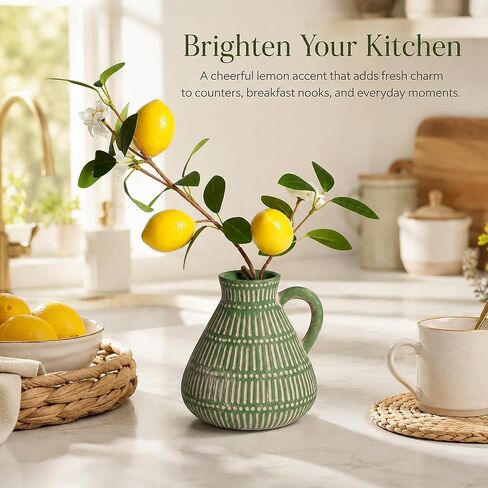 Green Clay Vase Decor with Faux Lemon Branch, 5.5 Inch | rustic farmhouse, boho, cottage, shelf, coffee table, kitchen, and small space styling,ready to display in Saudi Arabia