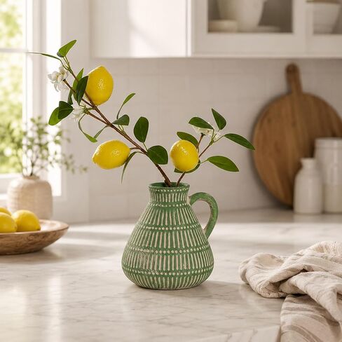 Green Clay Vase Decor with Faux Lemon Branch, 5.5 Inch | rustic farmhouse, boho, cottage, shelf, coffee table, kitchen, and small space styling,ready to display in Saudi Arabia