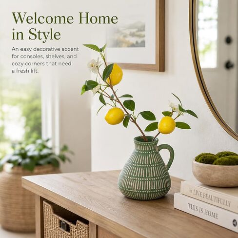Green Clay Vase Decor with Faux Lemon Branch, 5.5 Inch | rustic farmhouse, boho, cottage, shelf, coffee table, kitchen, and small space styling,ready to display in Saudi Arabia