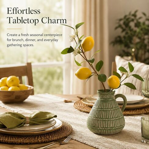Green Clay Vase Decor with Faux Lemon Branch, 5.5 Inch | rustic farmhouse, boho, cottage, shelf, coffee table, kitchen, and small space styling,ready to display in Saudi Arabia