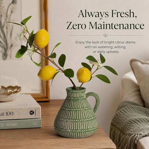 Green Clay Vase Decor with Faux Lemon Branch, 5.5 Inch | rustic farmhouse, boho, cottage, shelf, coffee table, kitchen, and small space styling,ready to display in Saudi Arabia