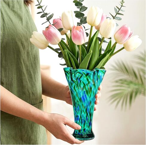Teal Green Glass Vase for Flowers, 10.8inch Hand Blown Flower Vase for Home Decor, Modern Boho Style Table Decoration,Unique Colorful Vases for Living Room, Office, Best Gift Idea for Housewarming in Kuwait