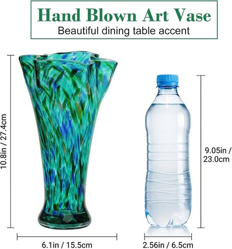 Teal Green Glass Vase for Flowers, 10.8inch Hand Blown Flower Vase for Home Decor, Modern Boho Style Table Decoration,Unique Colorful Vases for Living Room, Office, Best Gift Idea for Housewarming in Kuwait
