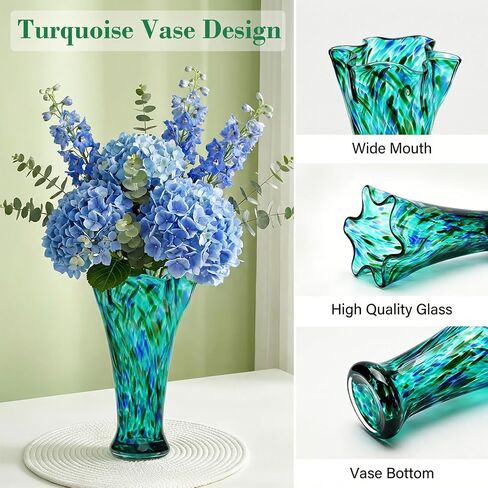 Teal Green Glass Vase for Flowers, 10.8inch Hand Blown Flower Vase for Home Decor, Modern Boho Style Table Decoration,Unique Colorful Vases for Living Room, Office, Best Gift Idea for Housewarming in Kuwait