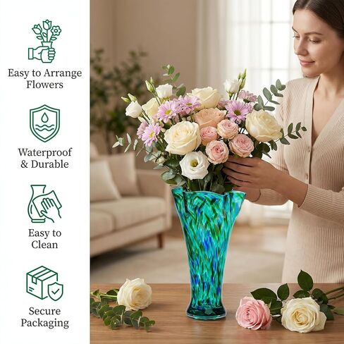 Teal Green Glass Vase for Flowers, 10.8inch Hand Blown Flower Vase for Home Decor, Modern Boho Style Table Decoration,Unique Colorful Vases for Living Room, Office, Best Gift Idea for Housewarming in Kuwait