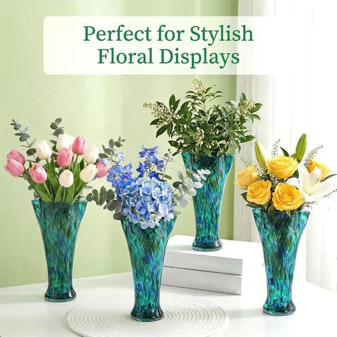 Teal Green Glass Vase for Flowers, 10.8inch Hand Blown Flower Vase for Home Decor, Modern Boho Style Table Decoration,Unique Colorful Vases for Living Room, Office, Best Gift Idea for Housewarming in Kuwait