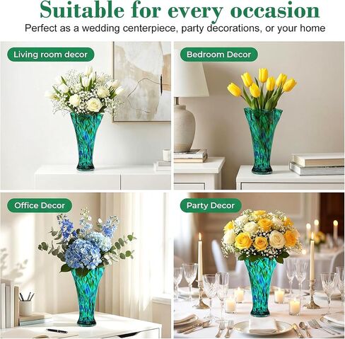 Teal Green Glass Vase for Flowers, 10.8inch Hand Blown Flower Vase for Home Decor, Modern Boho Style Table Decoration,Unique Colorful Vases for Living Room, Office, Best Gift Idea for Housewarming in Kuwait