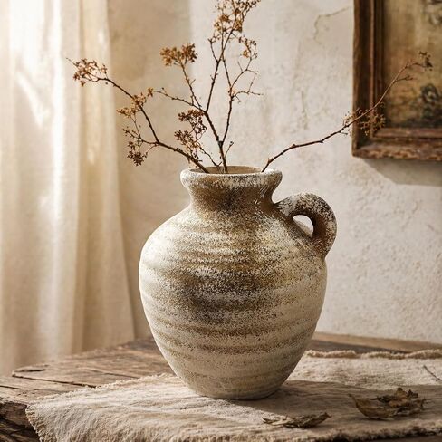Rustic Ceramic Vase with Handle, Farmhouse Pottery Vase for Home Decor – Terracotta Flower Vase for Living Room, Coffee Table, Shelf Centerpiece, Dining Table (Terracotta-S-101) in Saudi Arabia